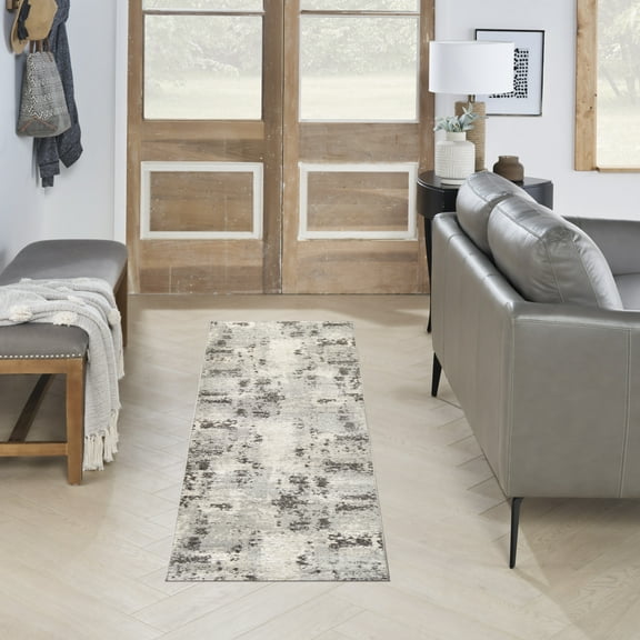Nourison Serenity Home Abstract Ivory Grey 2'2" x 7'6 Area Rug (2x8)