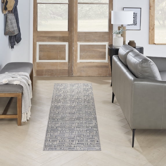 Nourison Serenity Home Geometric Blue Ivory 2'2" x 7'6 Area Rug (2x8)