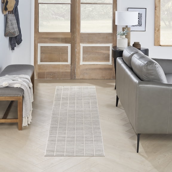 Nourison Serenity Home Geometric Light Grey 2'2" x 7'6 Area Rug (2x8)