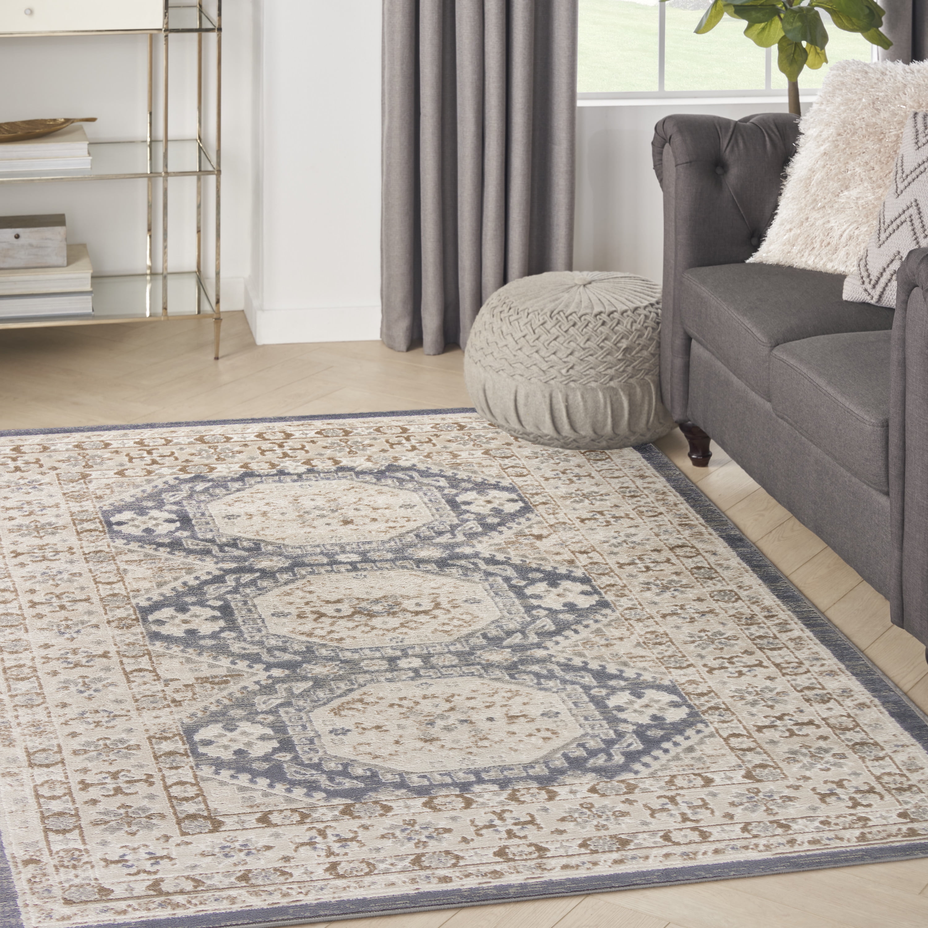 Ivory Blue Medallion Synthetic 4' x 6' Rectangular Rug