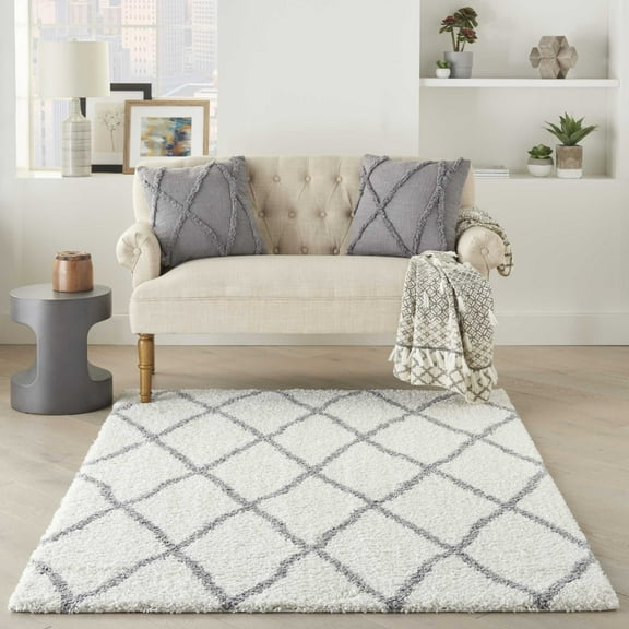 Nourison Shangri-La Modern Trellis Ivory/Light Grey 5' x 7' Area Rug, (5' x 7')