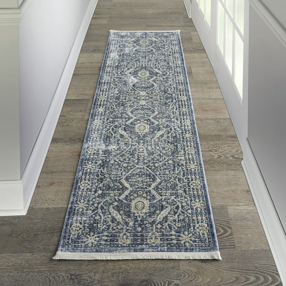 Nourison Silken Weave Floral Blue 2'2" x 7'6" Area Rug, (2x8)
