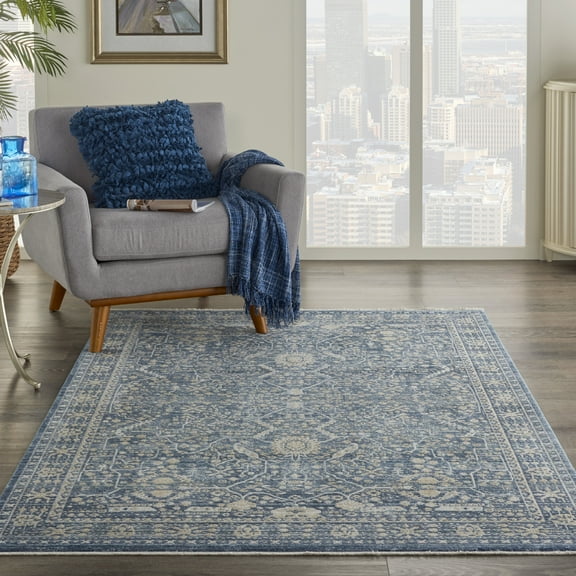 Nourison Silken Weave Floral Blue 5'3" x 7'9" Area Rug, (5x8)