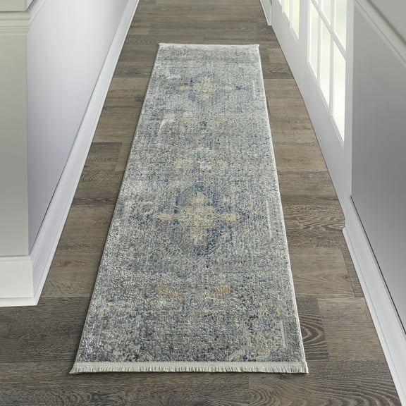 Nourison Silken Weave Floral Blue/Grey 2'2" x 7'6" Area Rug, (2x8)