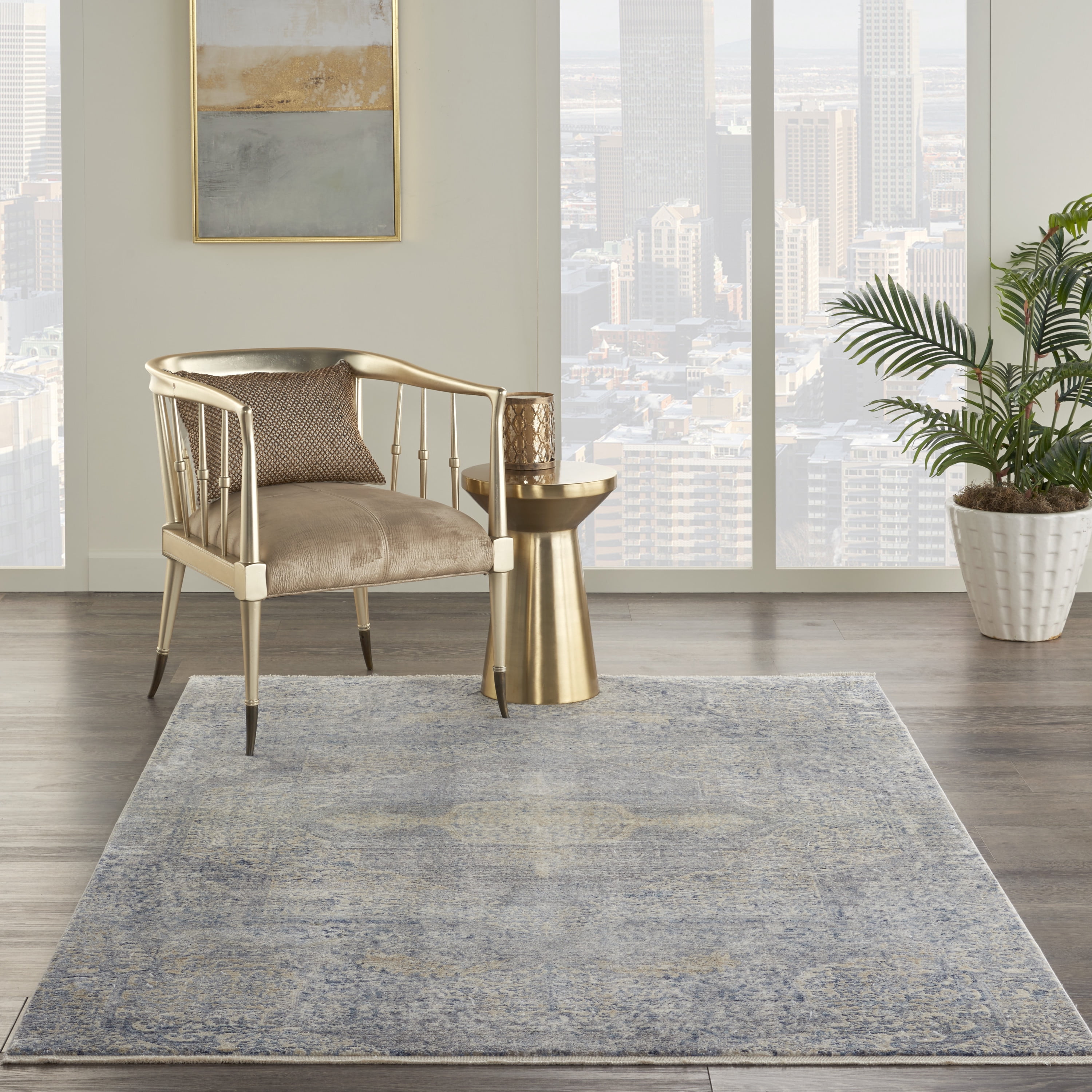 Hand-Knotted Medallion Blue & Cream Wool-Viscose 4' x 6' Area Rug