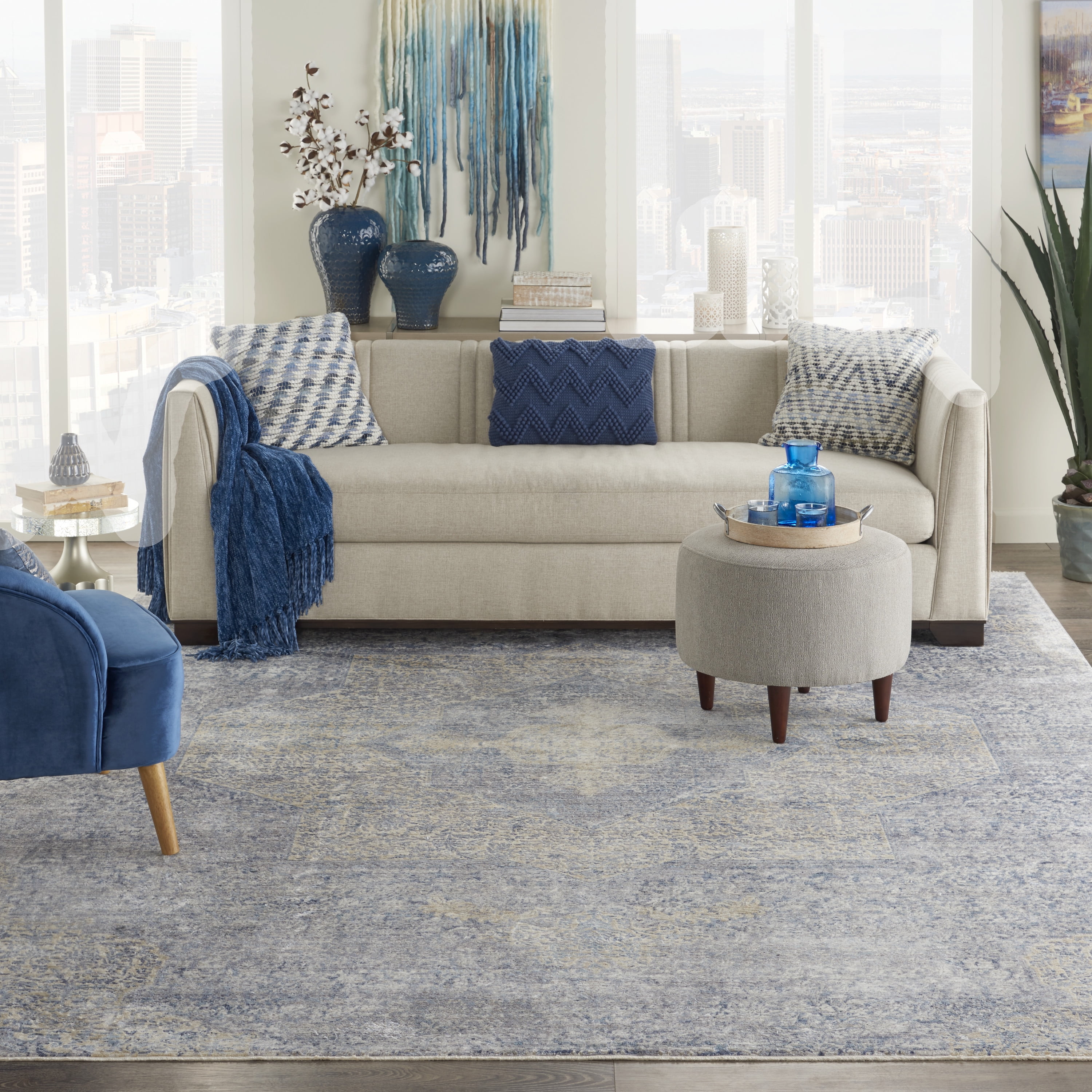 Nourison Silken Weave Floral Blue/Grey 8'10" x 11'10" Area Rug, (9x12