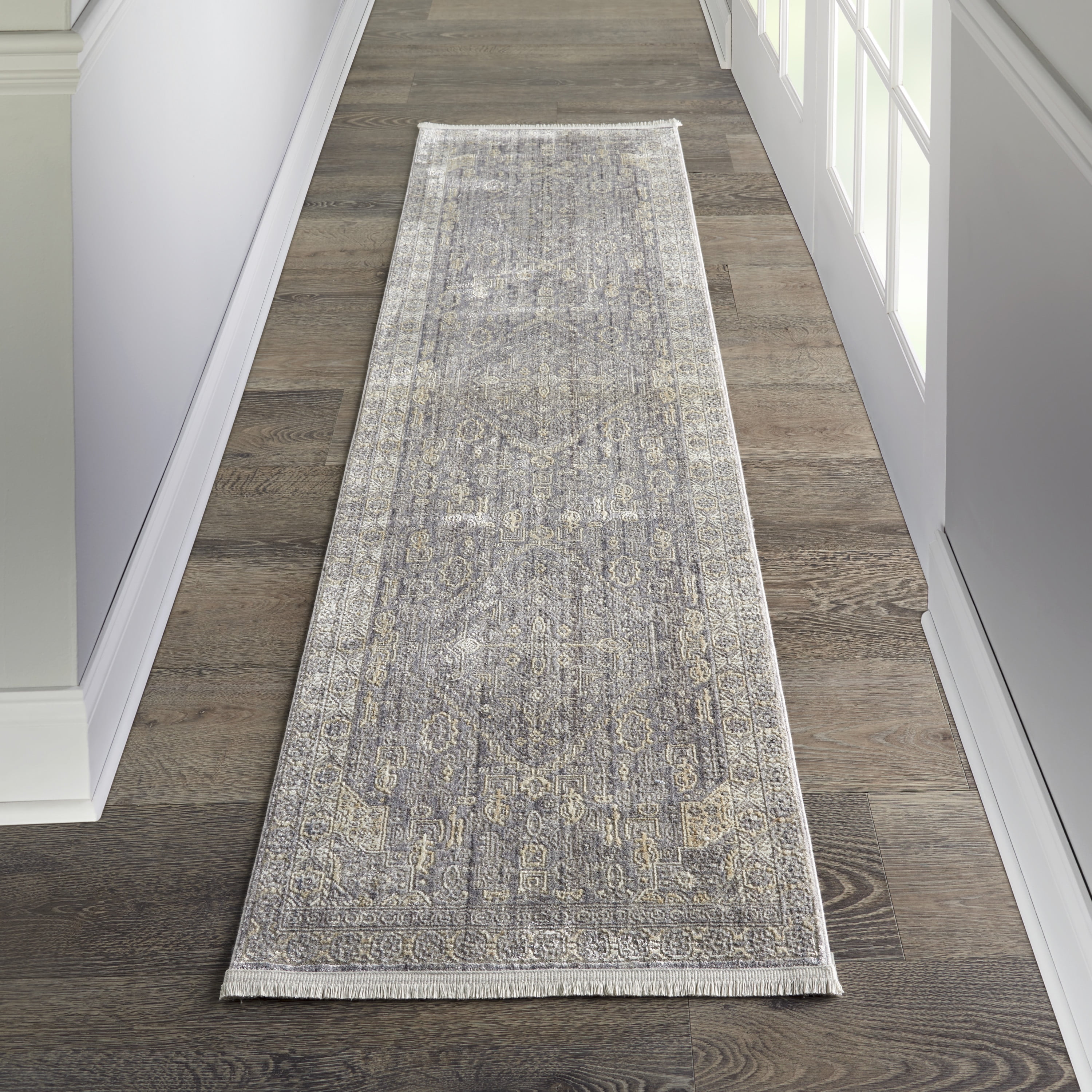 Grey and Beige Hand-Knotted Medallion Runner Rug