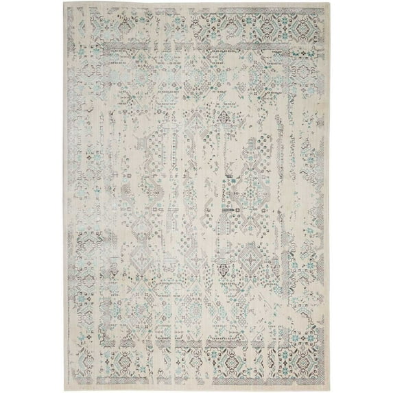 Nourison Silver Screen Distressed Floral Area Rug Ivory/Teal 5'3" x 7'3" 5' x 8' Indoor Ivory Glam, Persian, Vintage
