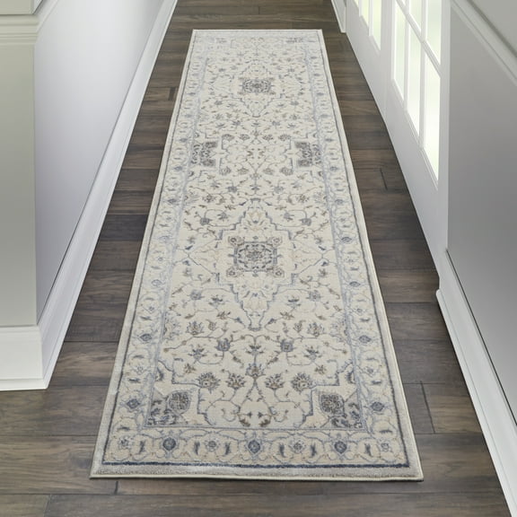 Nourison Sleek Textures Traditional Ivory/Grey 2'2" x 7'6" Area Rug, (2x8)