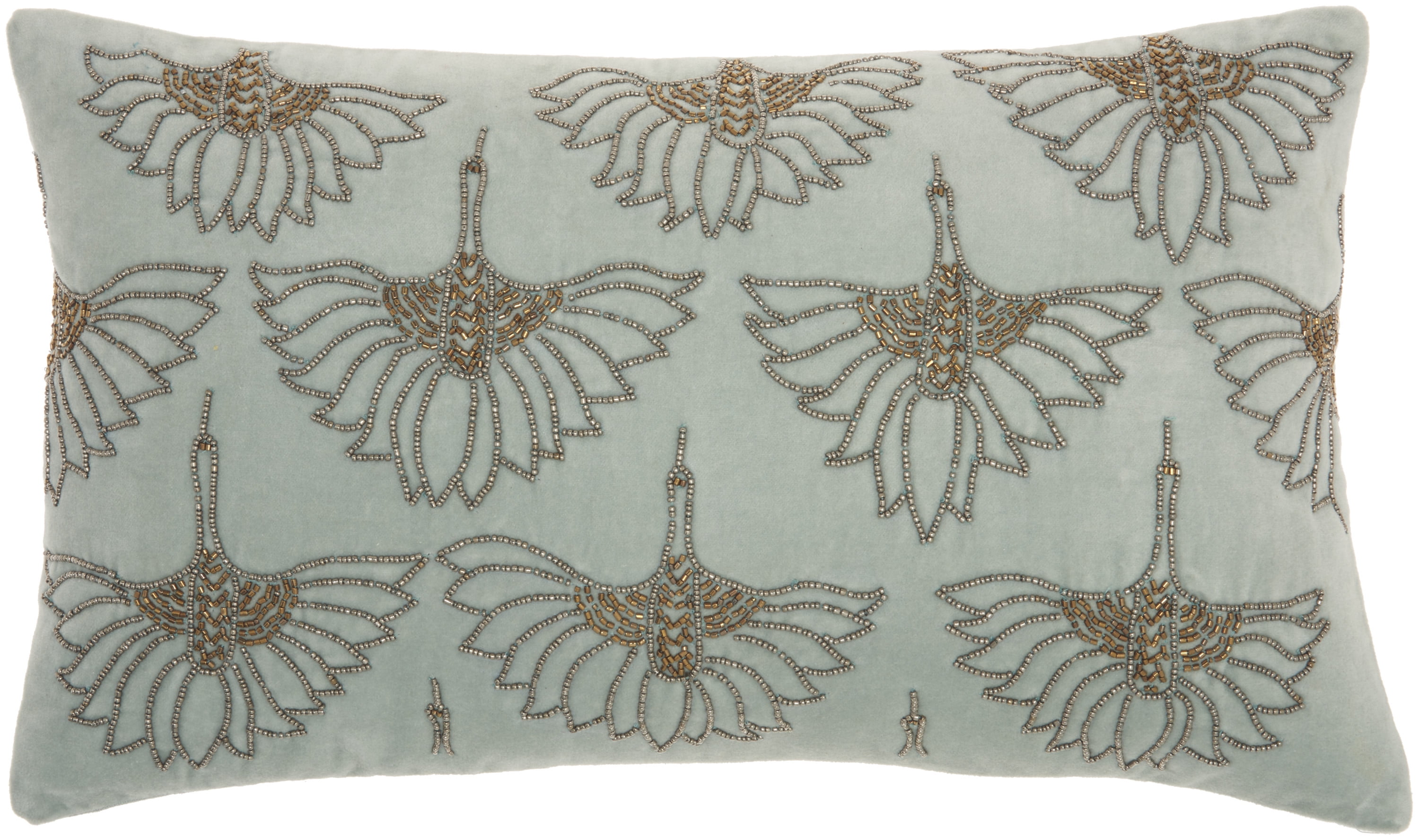 12" x 20" Celadon Green Beaded Floral Lumbar Pillow