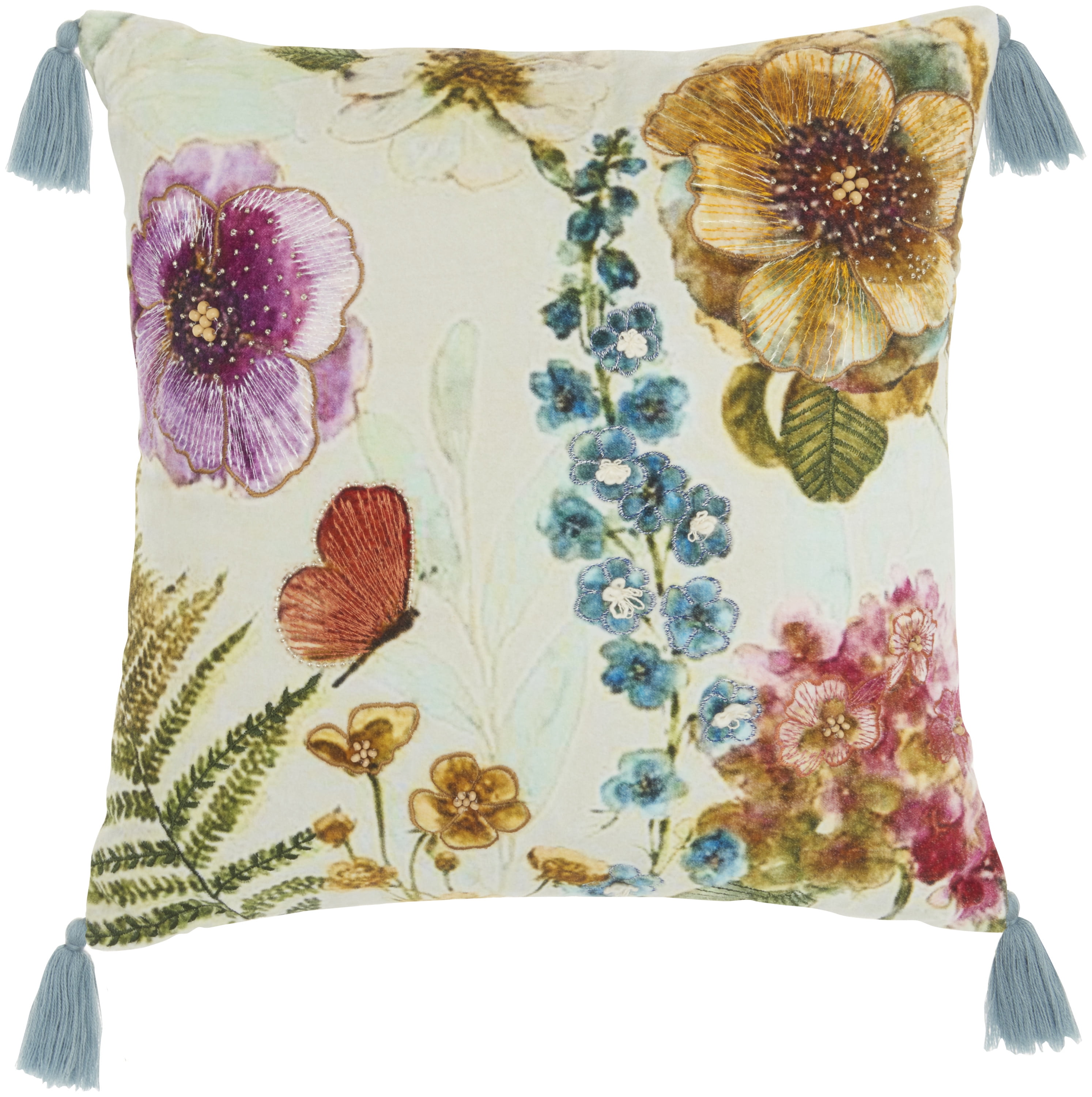 18" Multicolor Embroidered Floral Garden Throw Pillow with Tassels