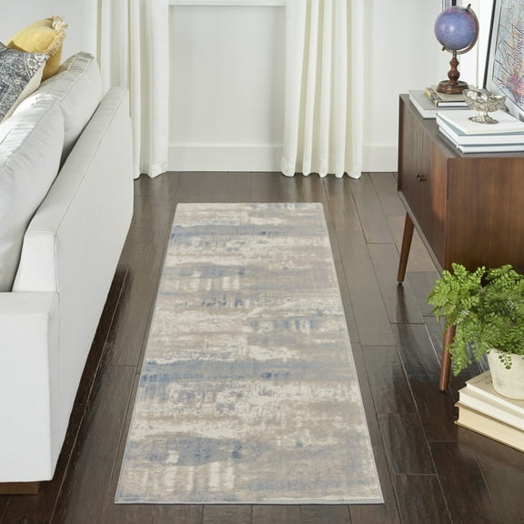 Nourison Solace Abstract Ivory/Grey/Blue 2'3" x 7'3" Area Rug, (7' Runner)