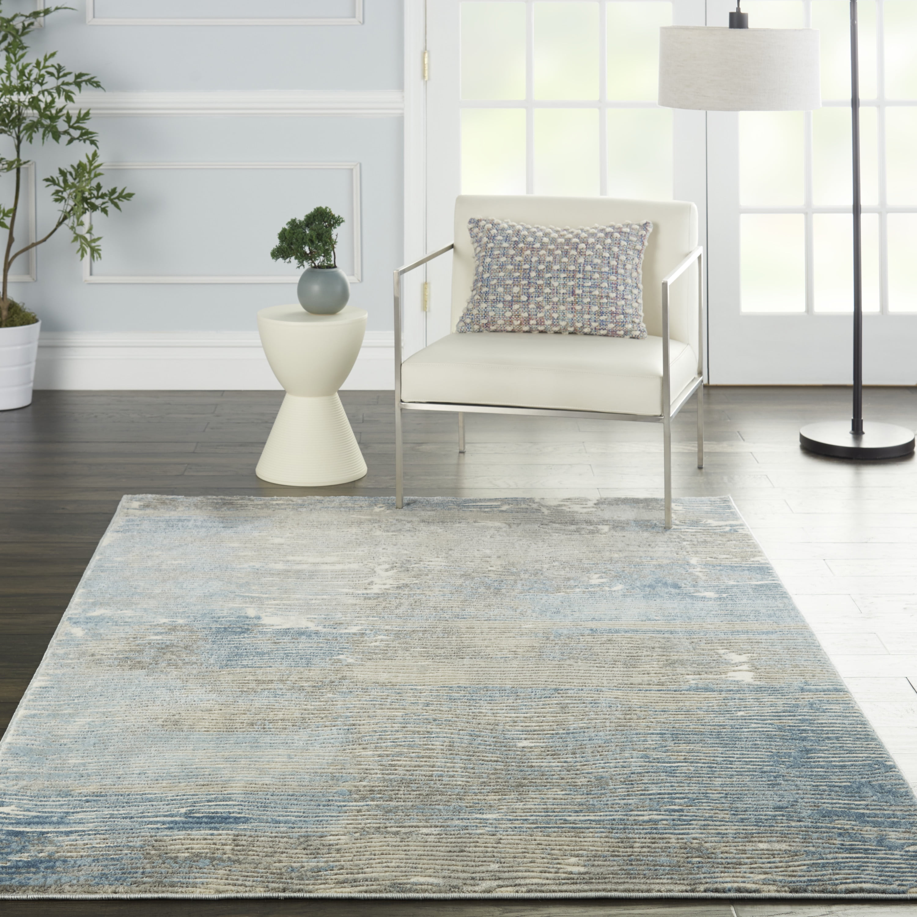 Gray and Blue Abstract Hand-Knotted Synthetic Rug 5' x 7'