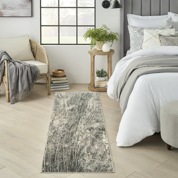 Nourison Soma Abstract Contemporary Charcoal/Ivory 2'2" x 7'6" Area Rugs, (2'x 8')