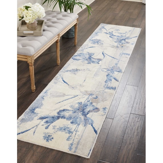 Nourison Somerset Floral Ivory/Blue 2'3" x 10' Area Rug, (2x10)