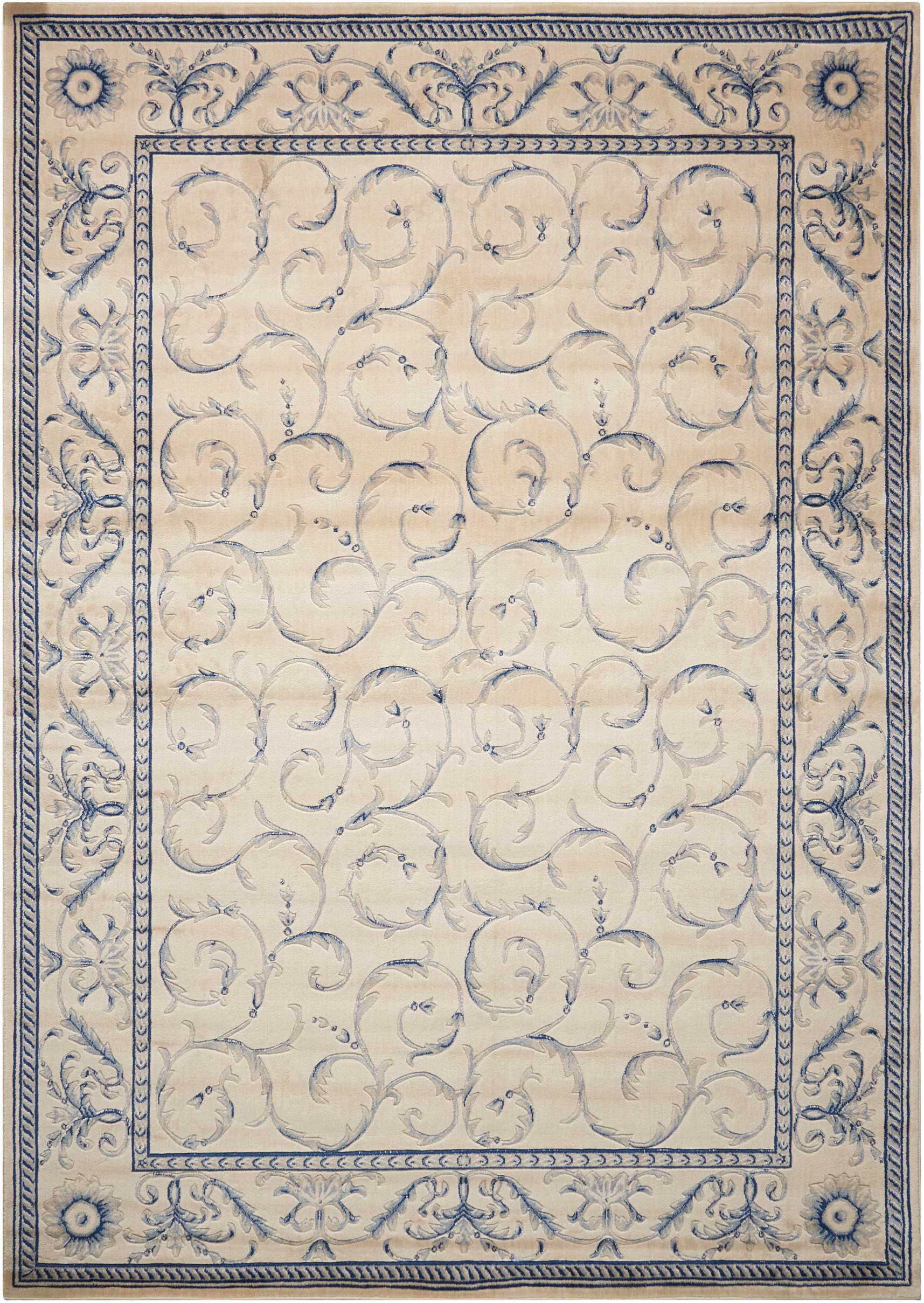 Ivory and Blue Rectangular Synthetic Area Rug