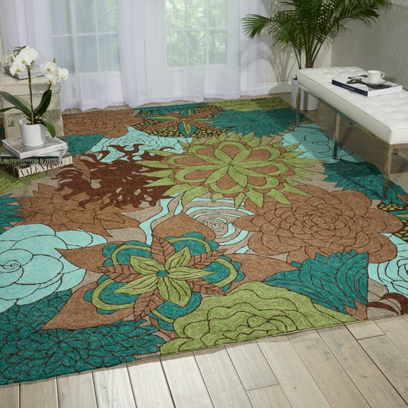 Nourison South Beach Indoor/Outdoor Floral Artistic Aqua/Brown 8' x 10'6" Area Rug, (8' x 11')