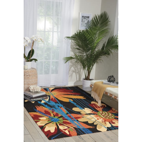 Nourison South Beach Indoor/Outdoor Traditional Floral Black 5' x 7'6" Area Rug, (5' x 8')