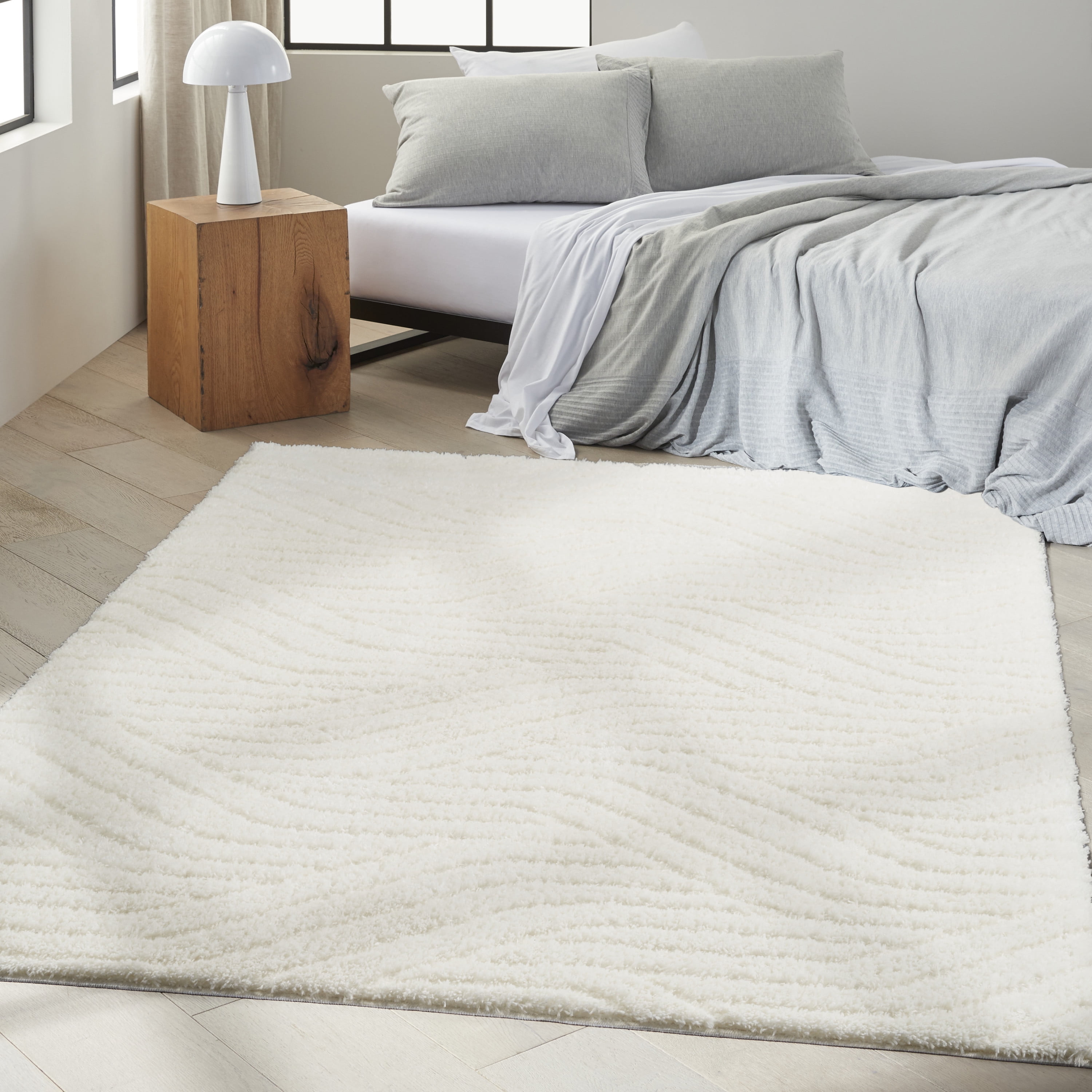 Ivory Abstract Shag Wool and Synthetic 4' x 6' Rug