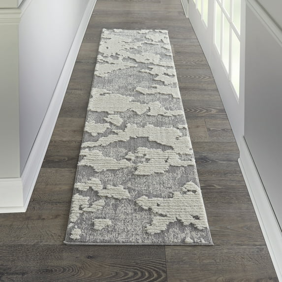 Nourison Textured Contemporary Abstract Ivory/Grey 2'2" x 7'6" Area Rug, (8' Runner)