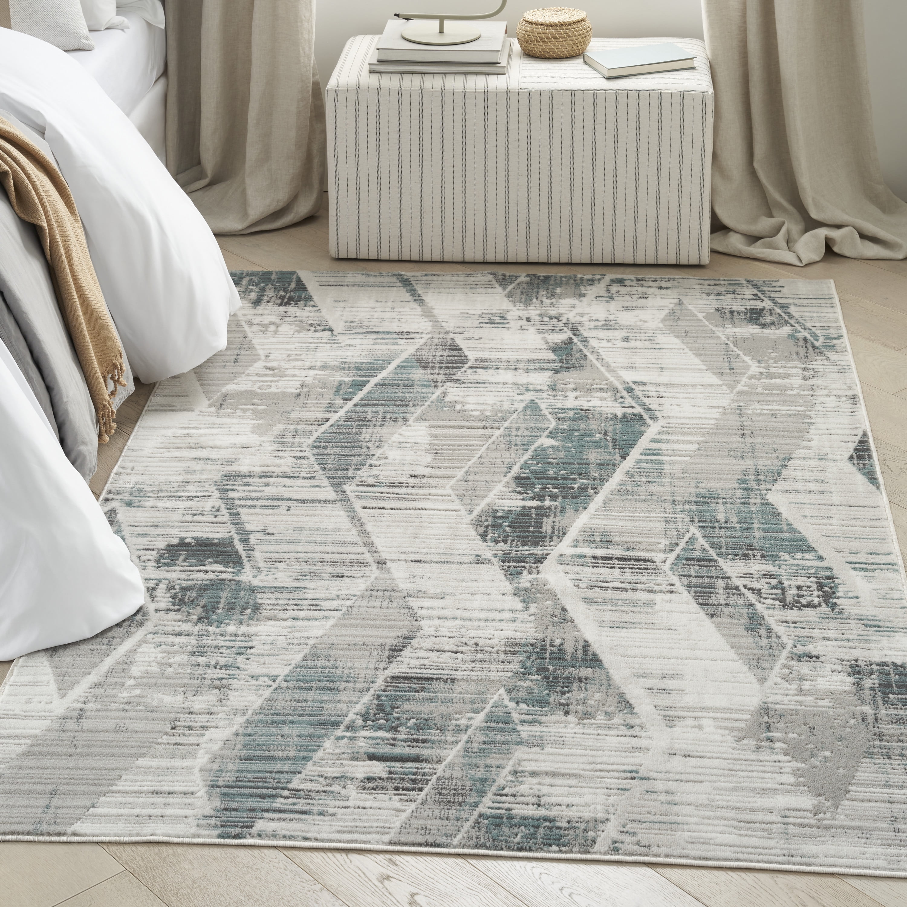 Beige and Grey Abstract Synthetic 5' x 7' Non-slip Rug
