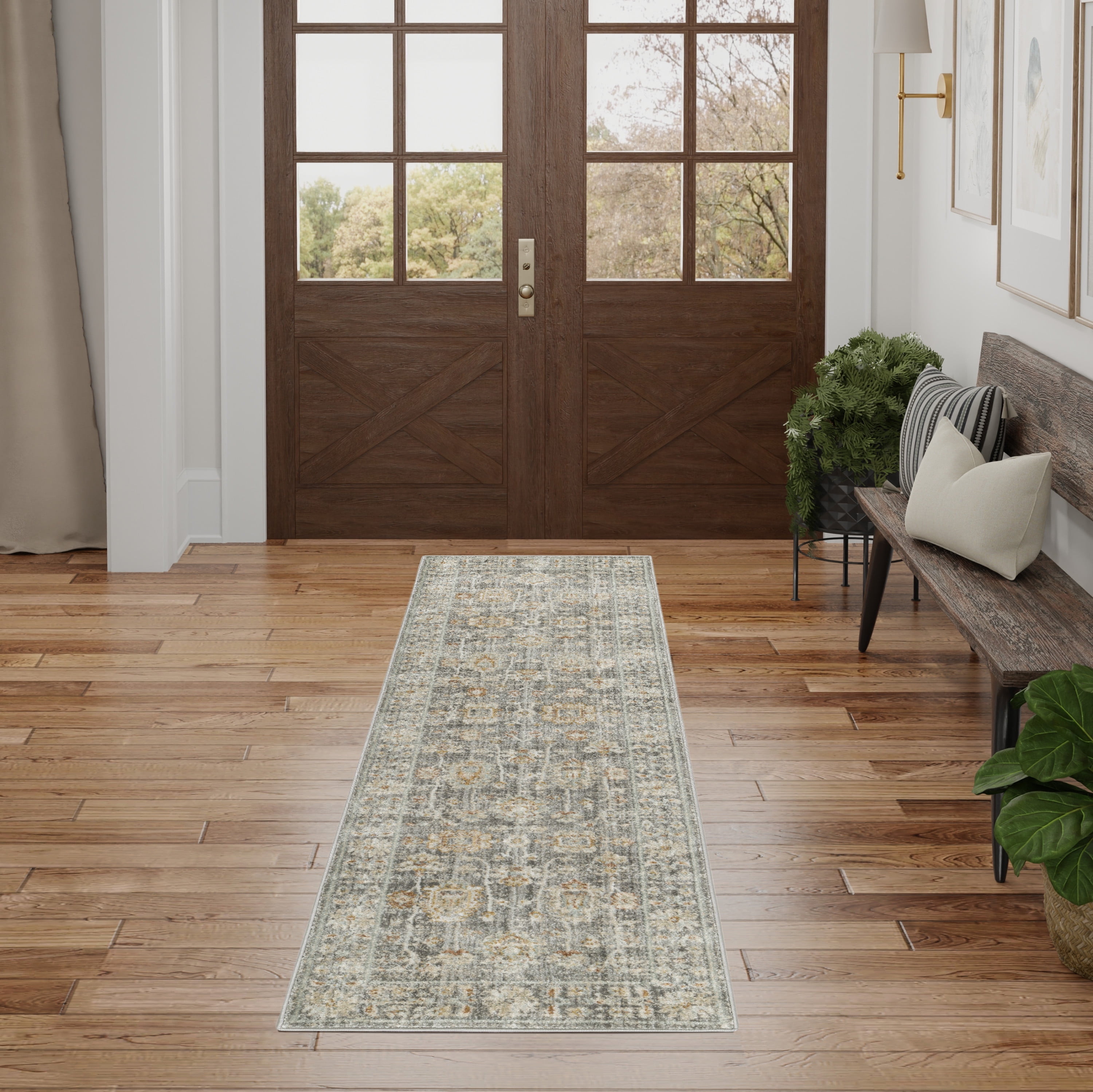 Vintage Gray Synthetic Persian Runner Rug with Fringe Edges