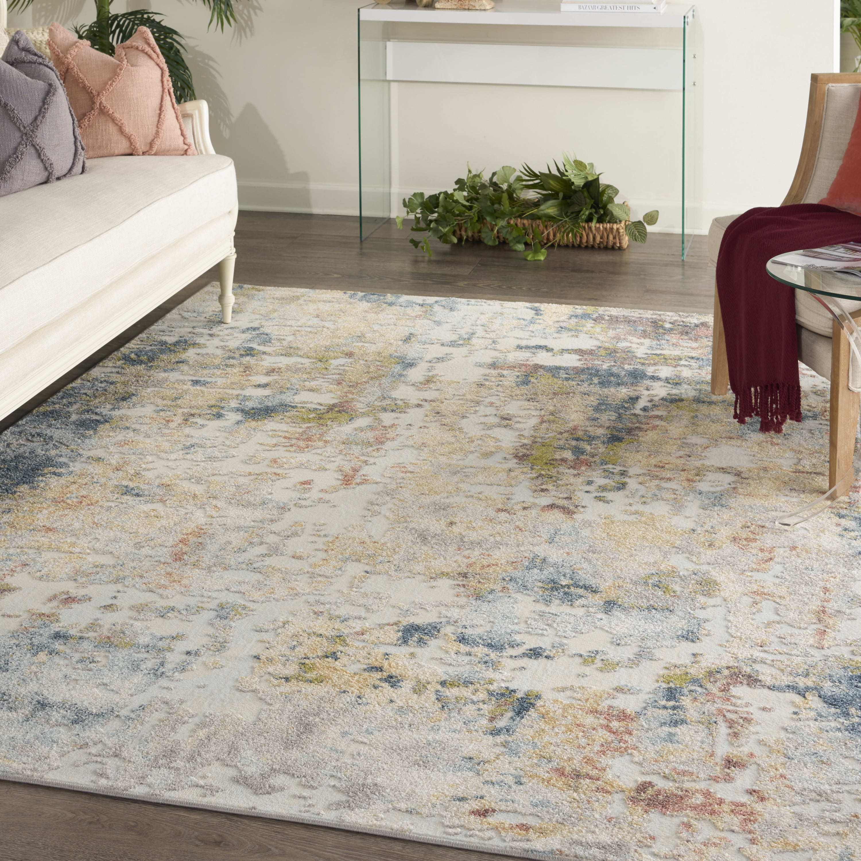 Ivory Abstract Hand-Knotted Soft Synthetic Area Rug 6'6" x 9'6"