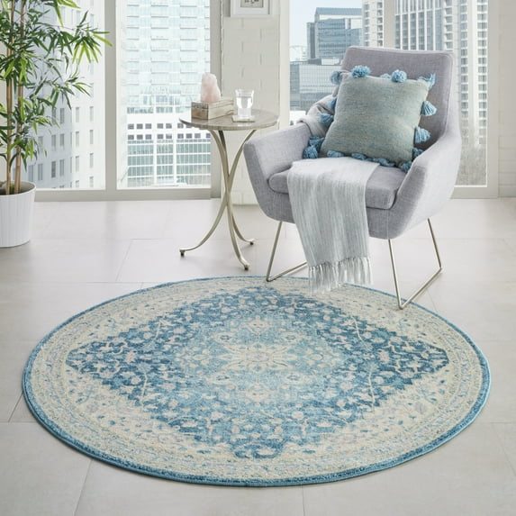 Nourison Tranquil Center Medallion Ivory/Turquoise 5'3" x ROUND Area Rug, (5 Round)