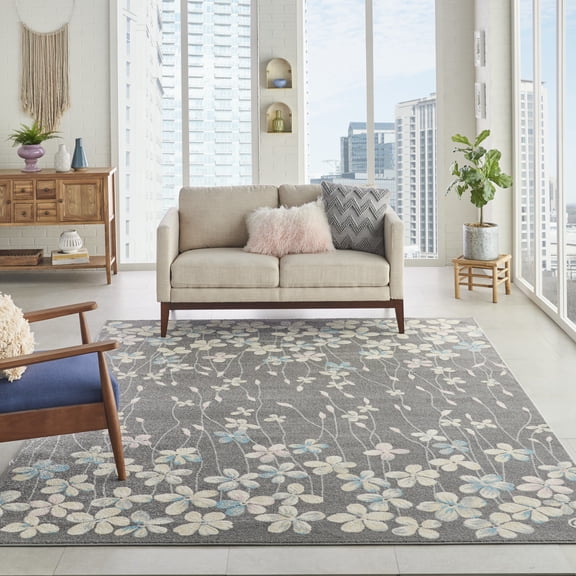 Nourison Tranquil Contemporary Floral Grey/Beige 8' x 10' Area Rug, (8' x 10')
