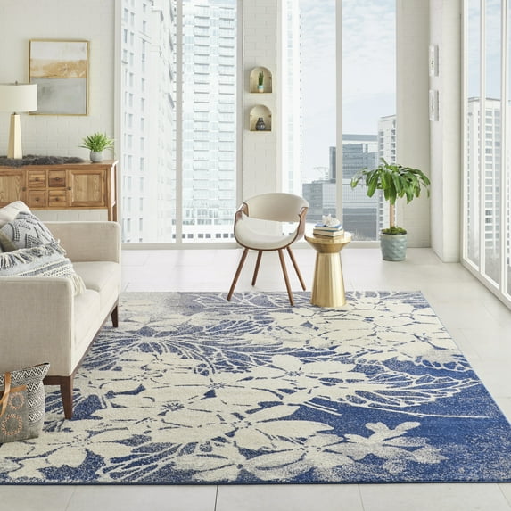 Nourison Tranquil Distressed Floral Beige/Navy 8' x 10' Area Rug, (8' x 10')