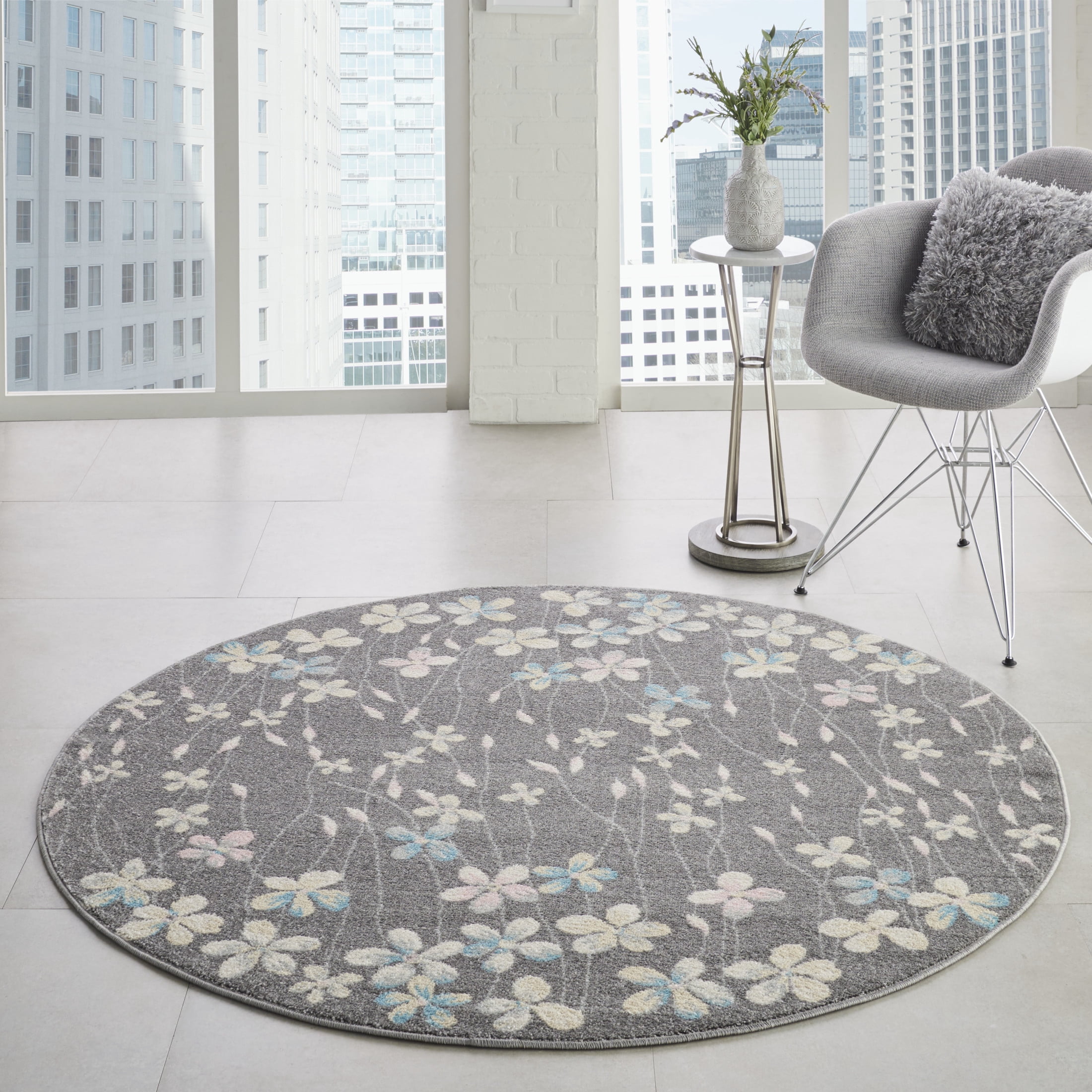 Nourison Tranquil Floral Grey/Beige 5'3" x ROUND Area Rug, (5 Round)