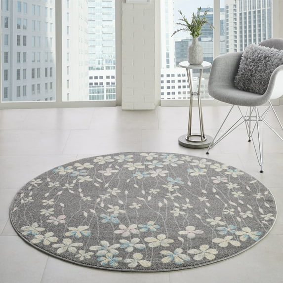 Nourison Tranquil Floral Grey/Beige 5'3" x ROUND Area Rug, (5 Round)