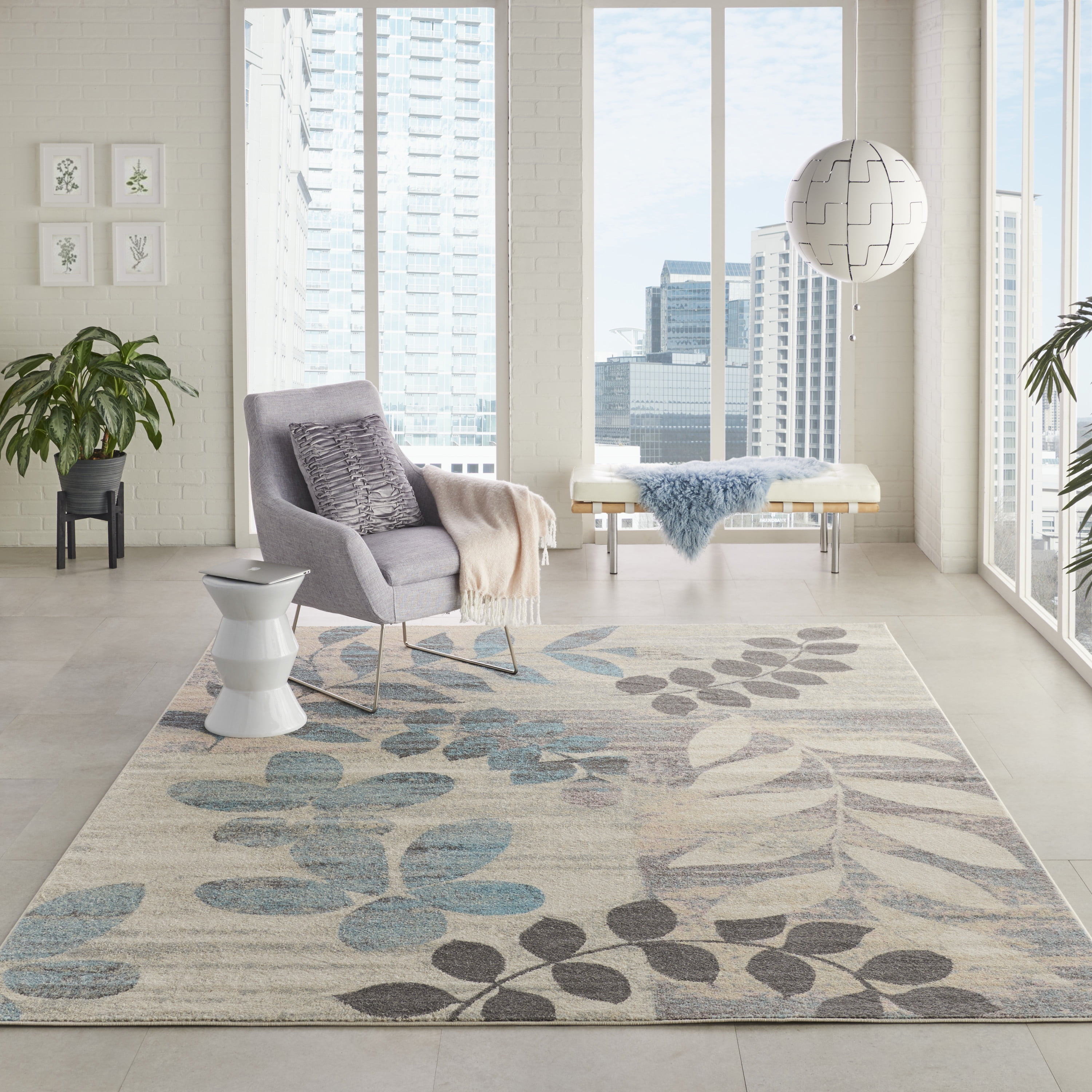 Ivory and Light Blue Floral Synthetic Rectangular Rug 7' x 10'