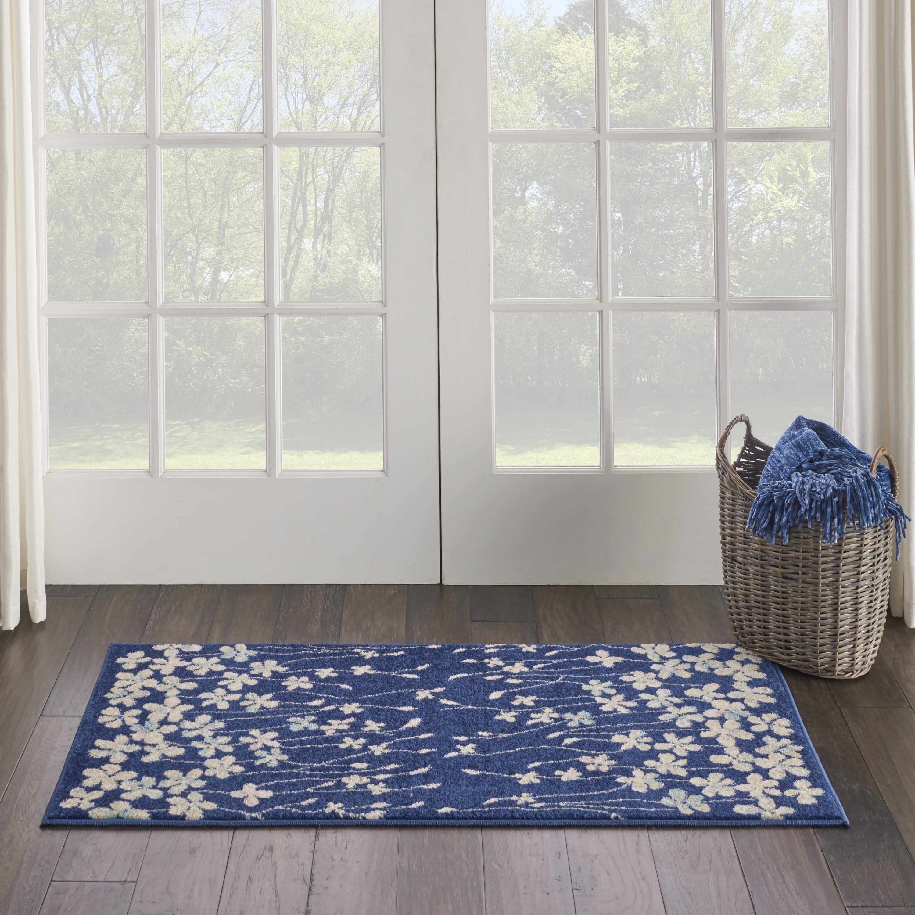 Navy Floral Whisper Rectangular Viscose 2' x 4' Area Rug