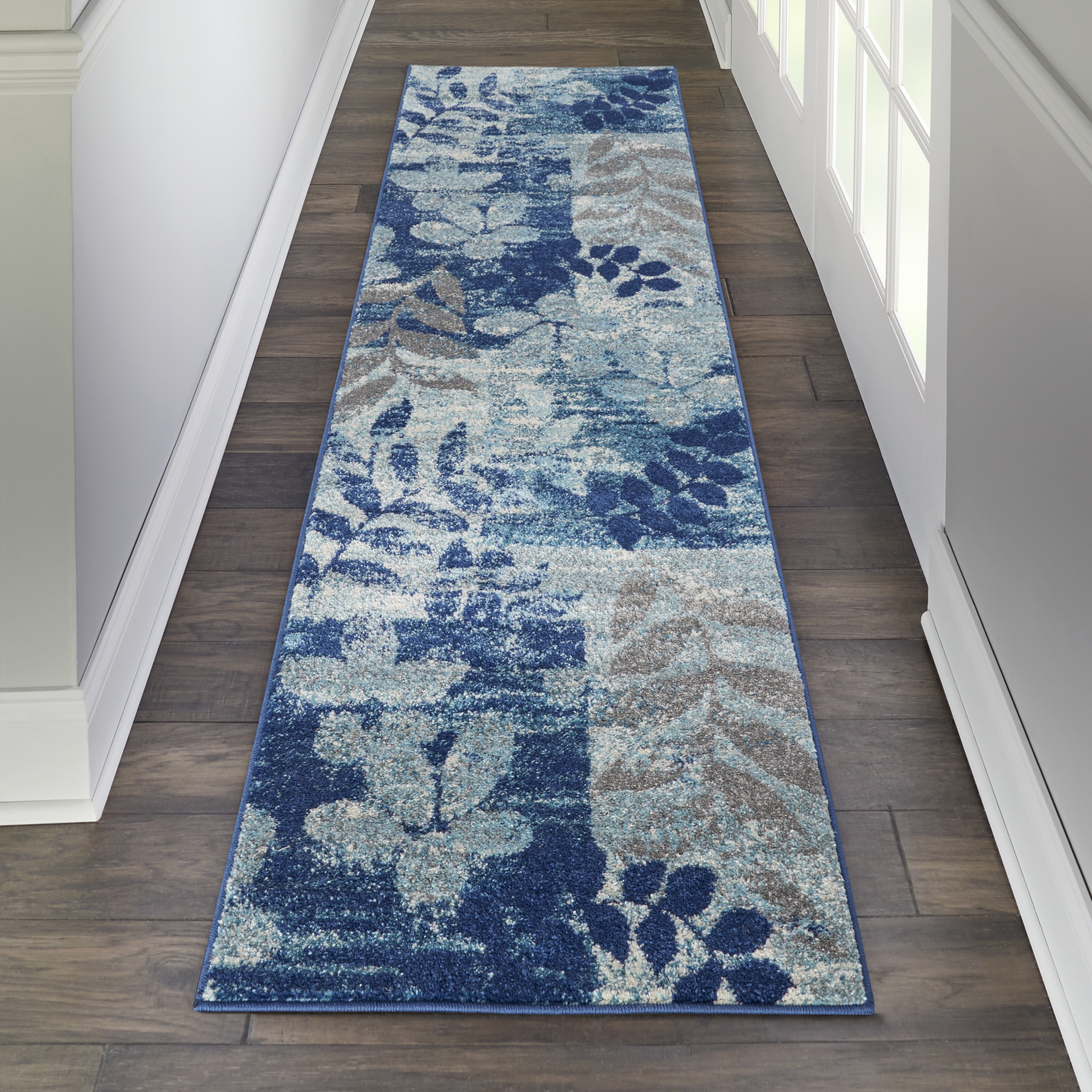 Navy and Light Blue Floral Synthetic Runner Rug
