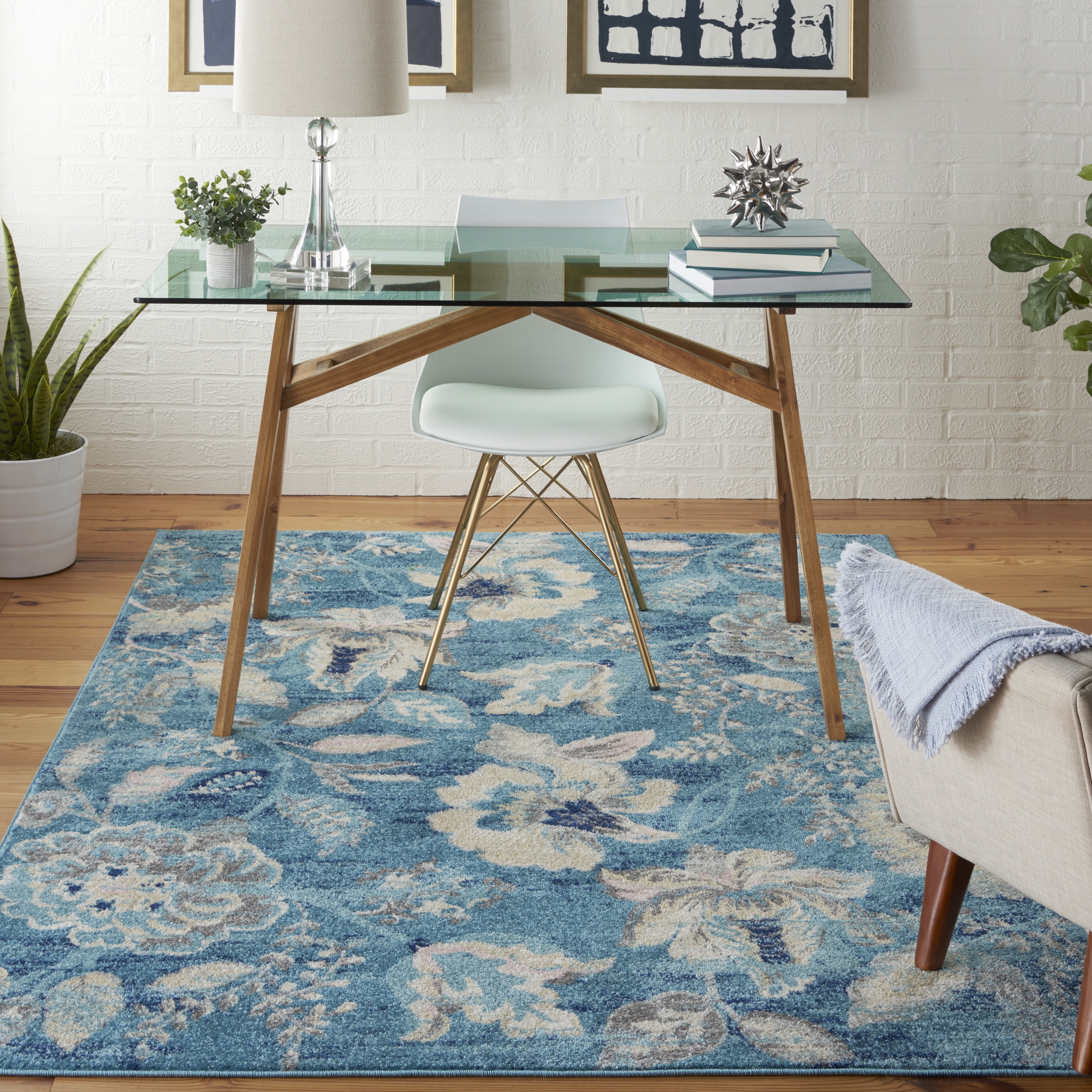 Turquoise Floral Synthetic Rectangular 5' x 7' Area Rug
