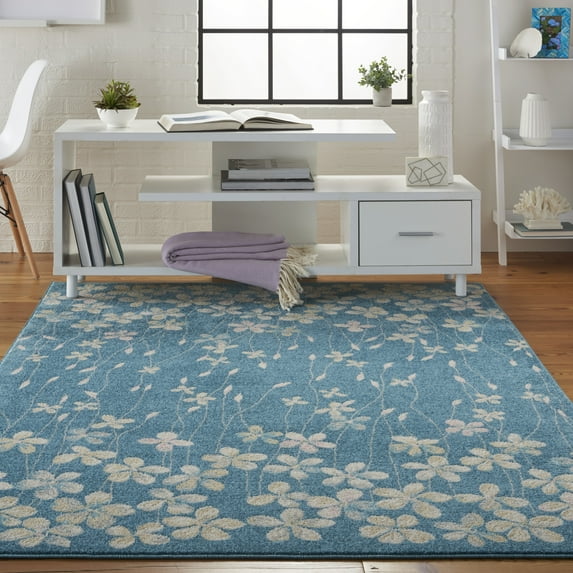 Nourison Tranquil Floral Turquoise 6' x 9' Area Rug, (6x9)
