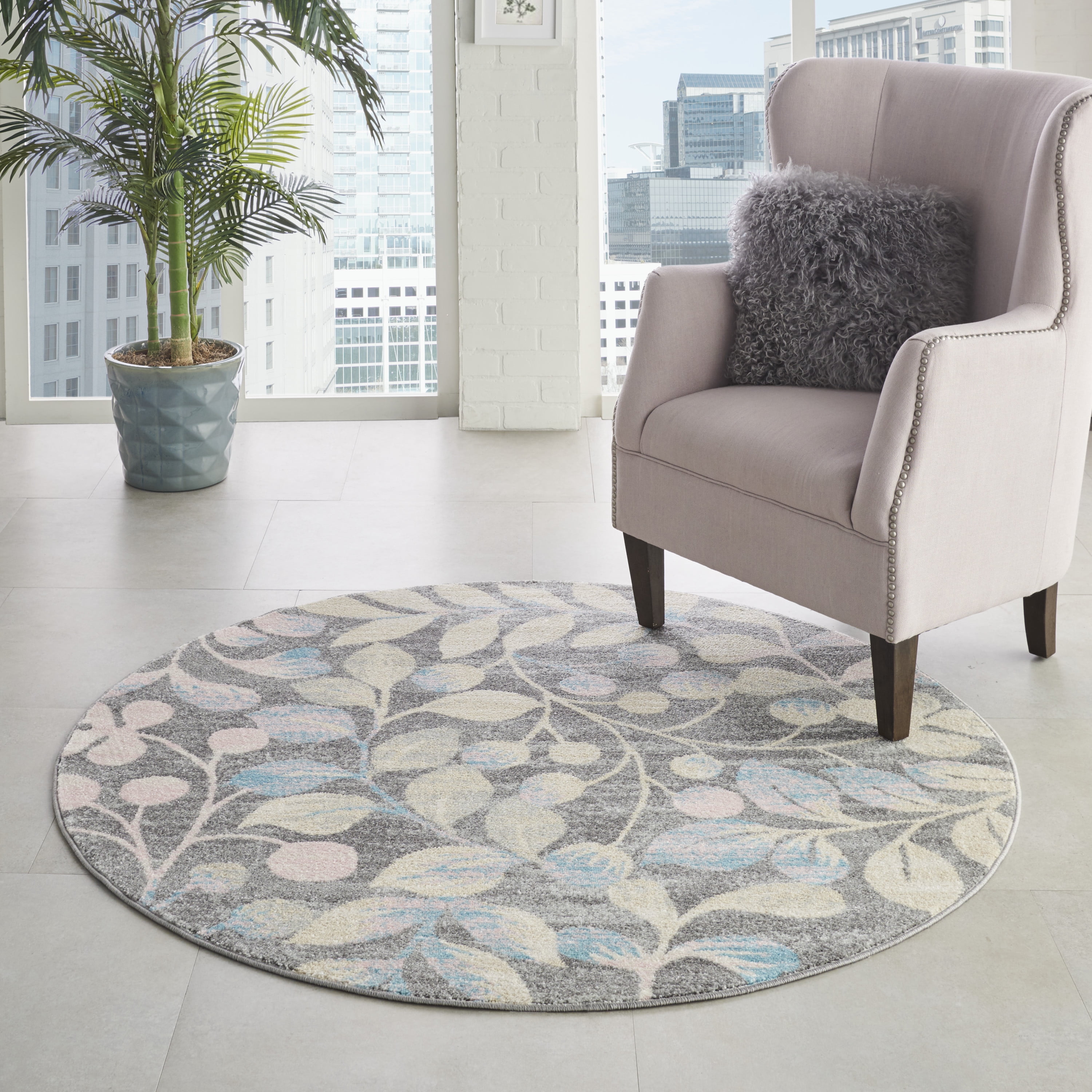 Handmade Round Grey and Beige Floral Synthetic Rug