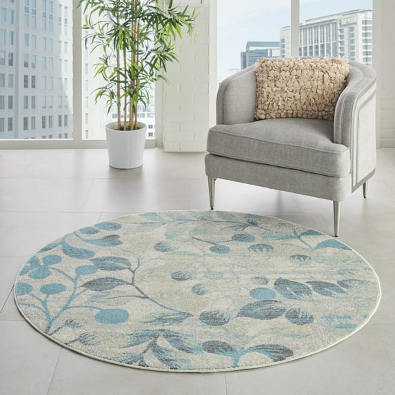 Nourison Tranquil Nature Ivory/Turquoise 5'3" x ROUND Area Rug, (5 Round)