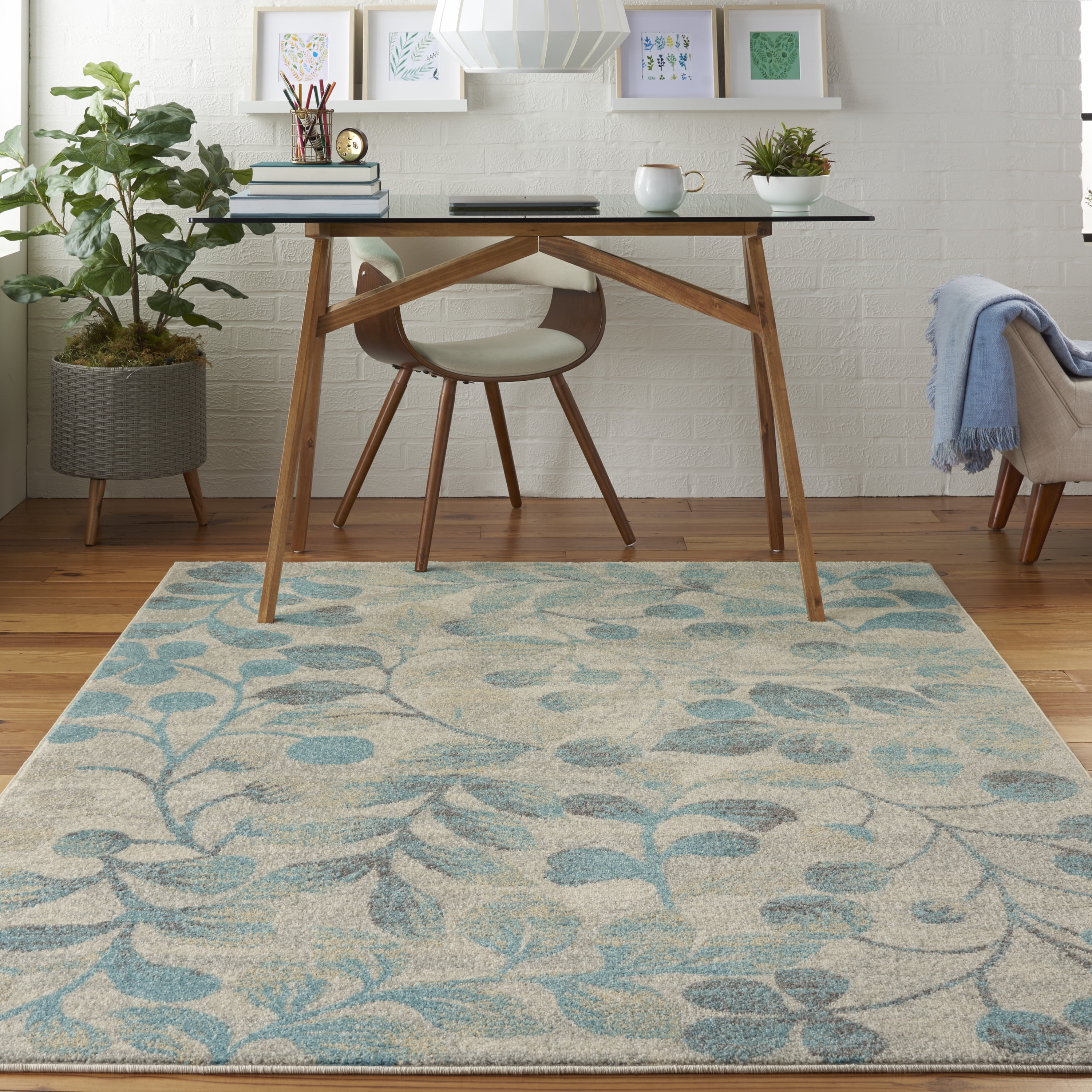 Ivory and Turquoise Floral 6' x 9' Tufted Area Rug