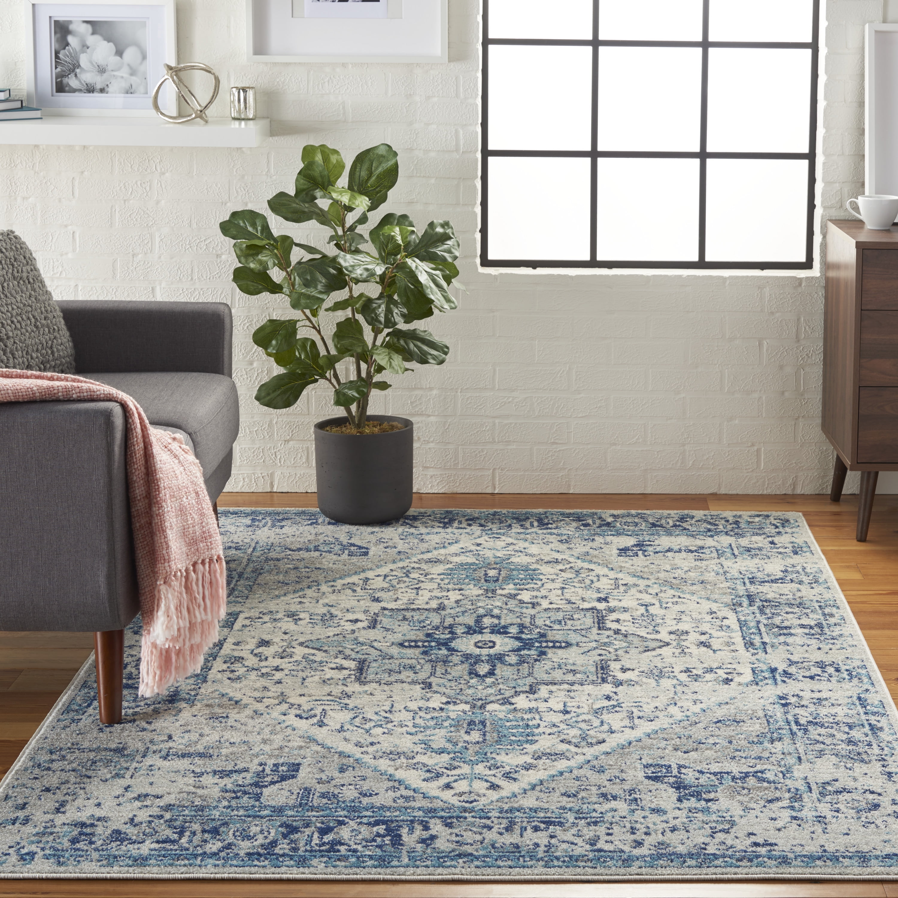 Ivory and Light Blue Rectangular Viscose Persian Rug 5'3" x 7'3"