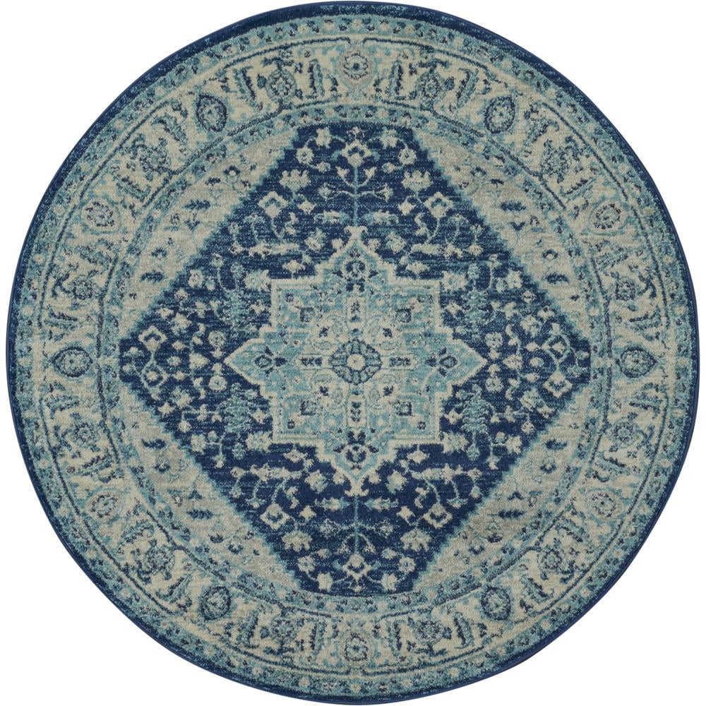 Ivory & Navy Vintage Kashan Round Area Rug, 5'3" Easy-Care Viscose