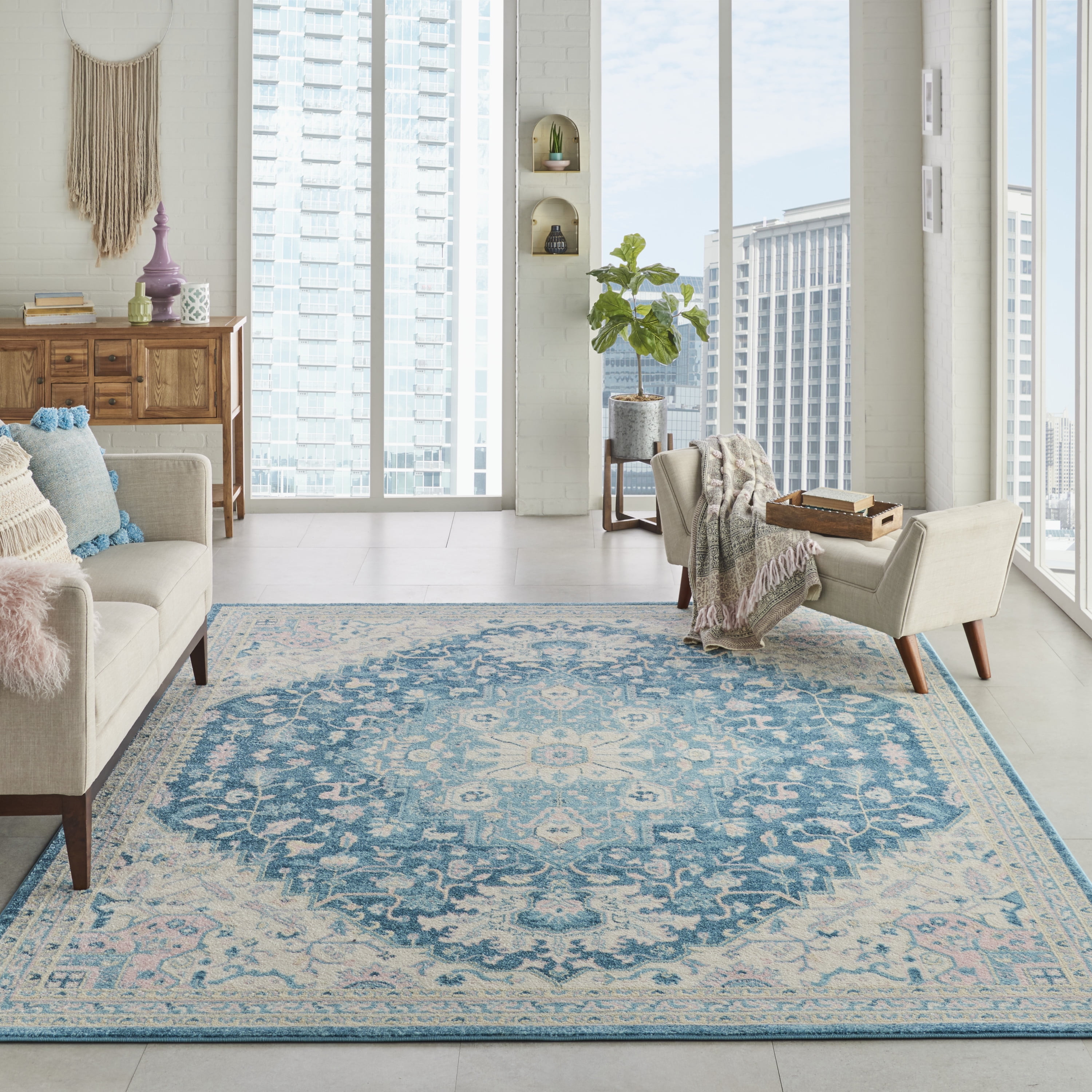 Ivory and Turquoise Medallion Synthetic 8' x 10' Rug