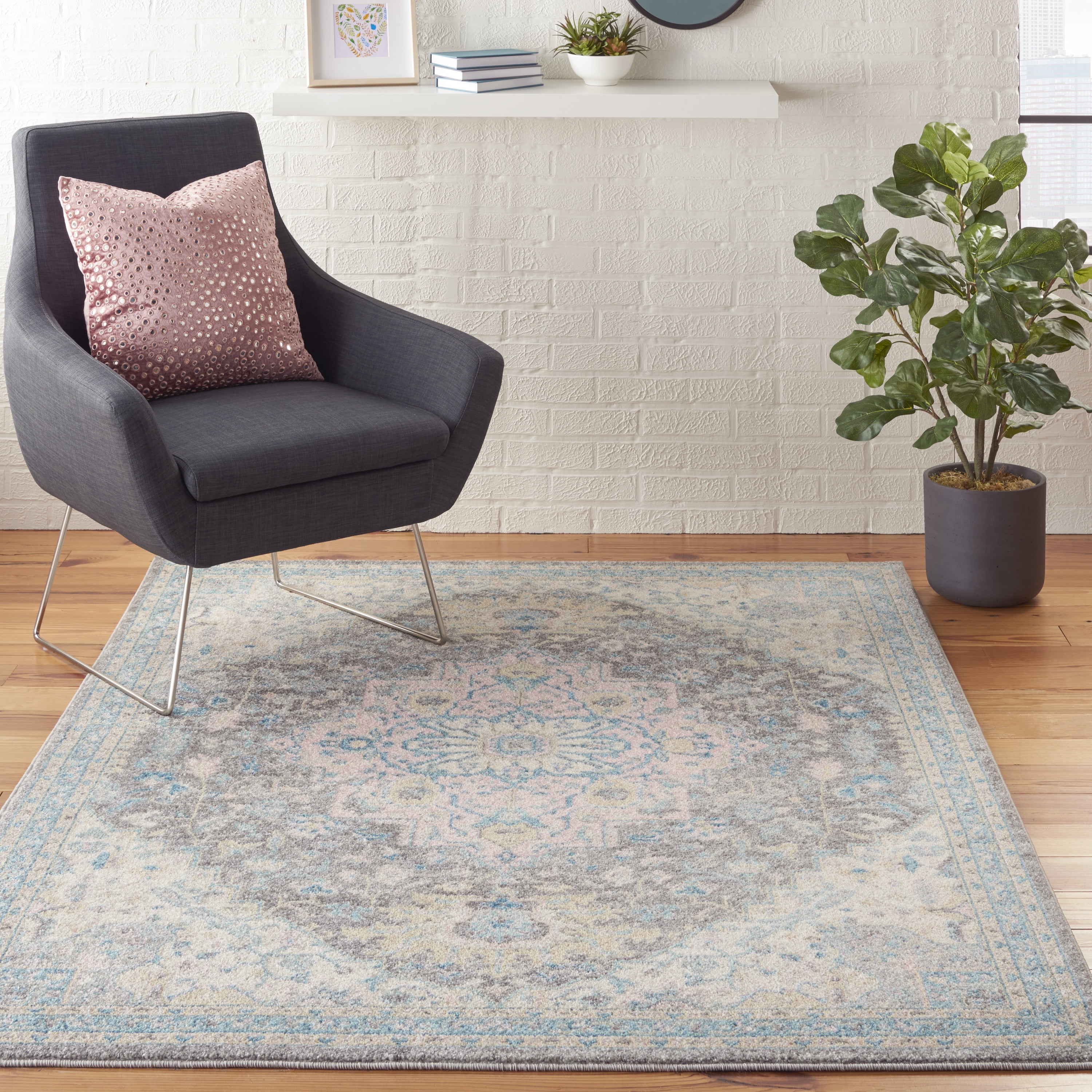 Elegant Light Grey and Pink Medallion Synthetic Rug 4' x 6'