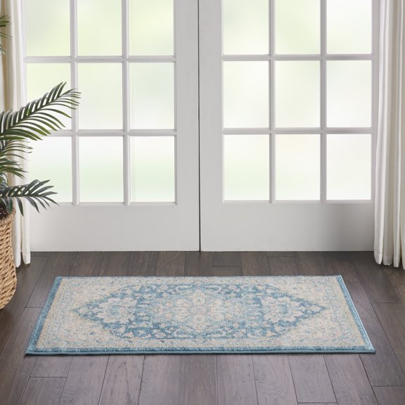 Nourison Tranquil Persian Medallion Ivory/Turquoise 2' x 4' Area Rug, (2' x 4')