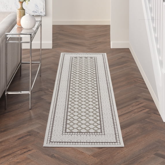 Nourison Calobra Indoor/Outdoor Contemporary Bordered Lt Grey 2'2" x 10' Area Rug, (10' Runner)