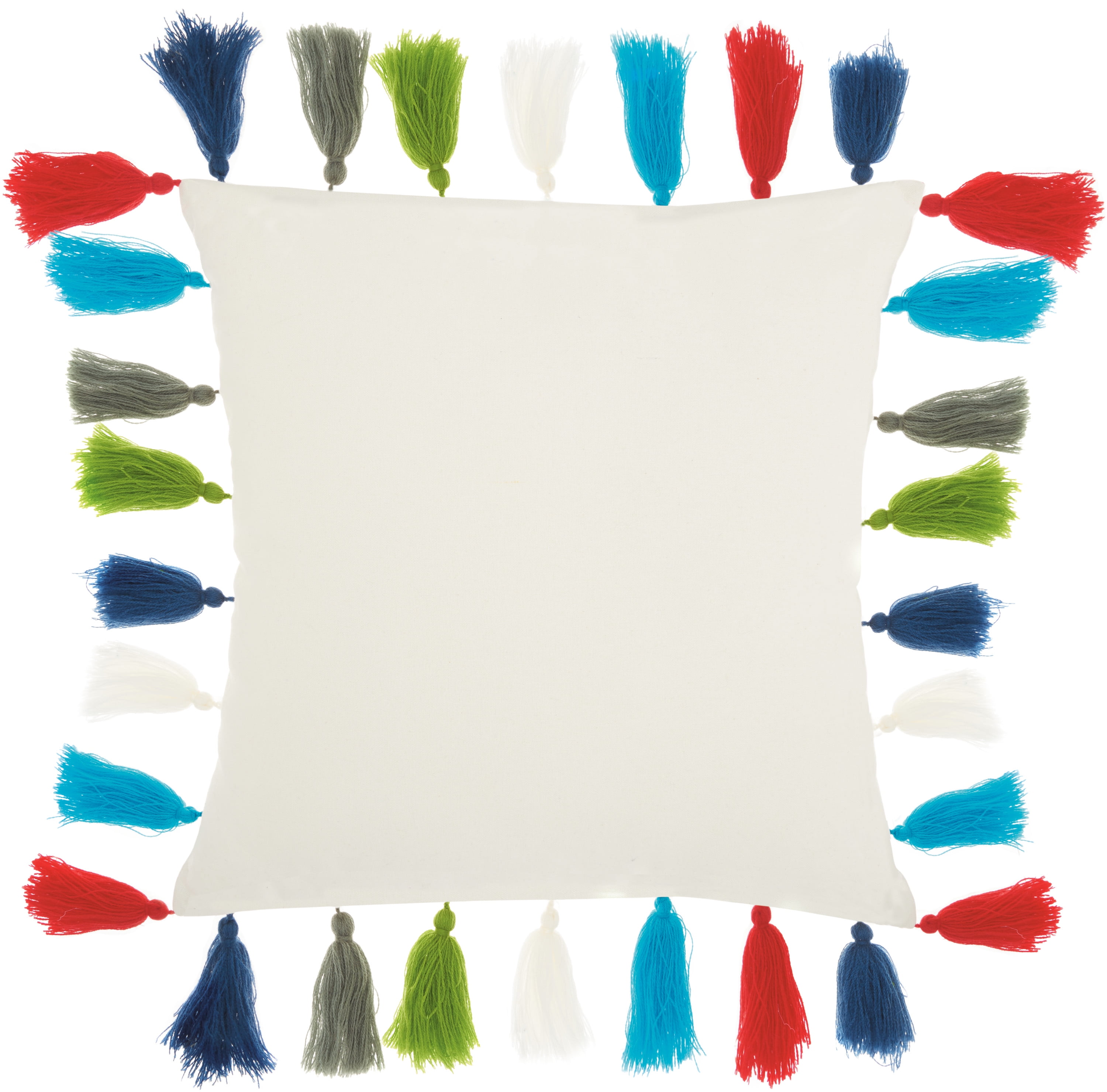 White Cotton Square Throw Pillow with Multicolor Tassels, 18" x 18"