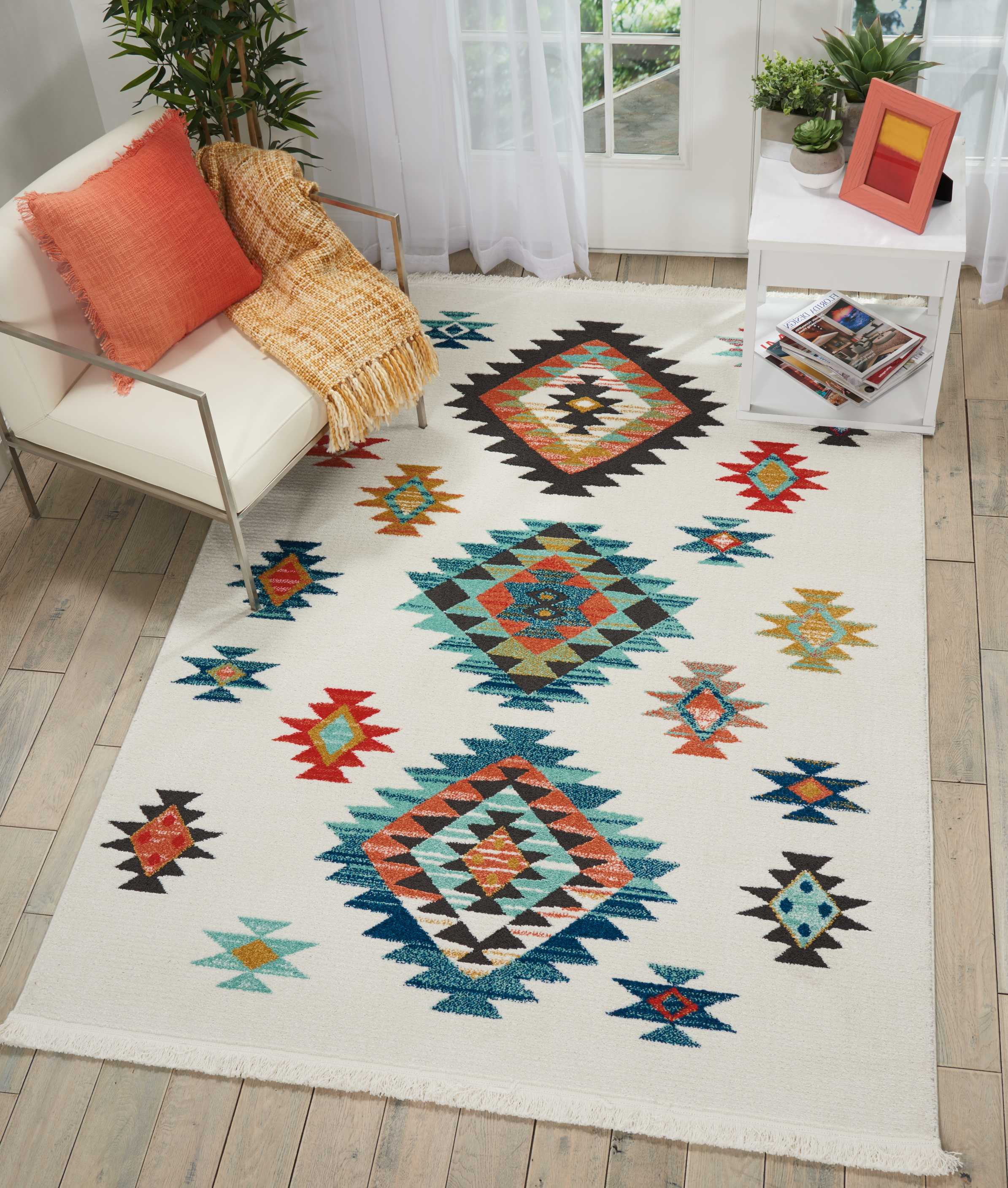 Tribal Diamond Medallion 5'3" x 7'6" White Synthetic Area Rug