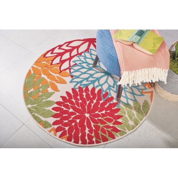 Nourison Tropical Oasis Indoor/Outdoor Modern Floral Green 4' x ROUND Area Rug, (4' Round)