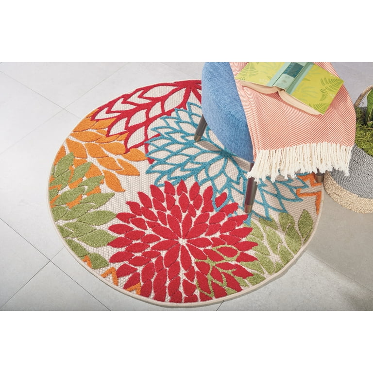 4' Round Red And Ivory Round Floral Indoor Outdoor Area Rug 4' Round Red And Ivory Round Floral Indoor Outdoor Area Rug